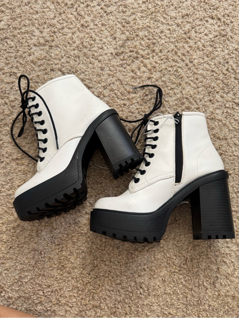 Soda White and Black Platform Lug Heel Ankle Boots